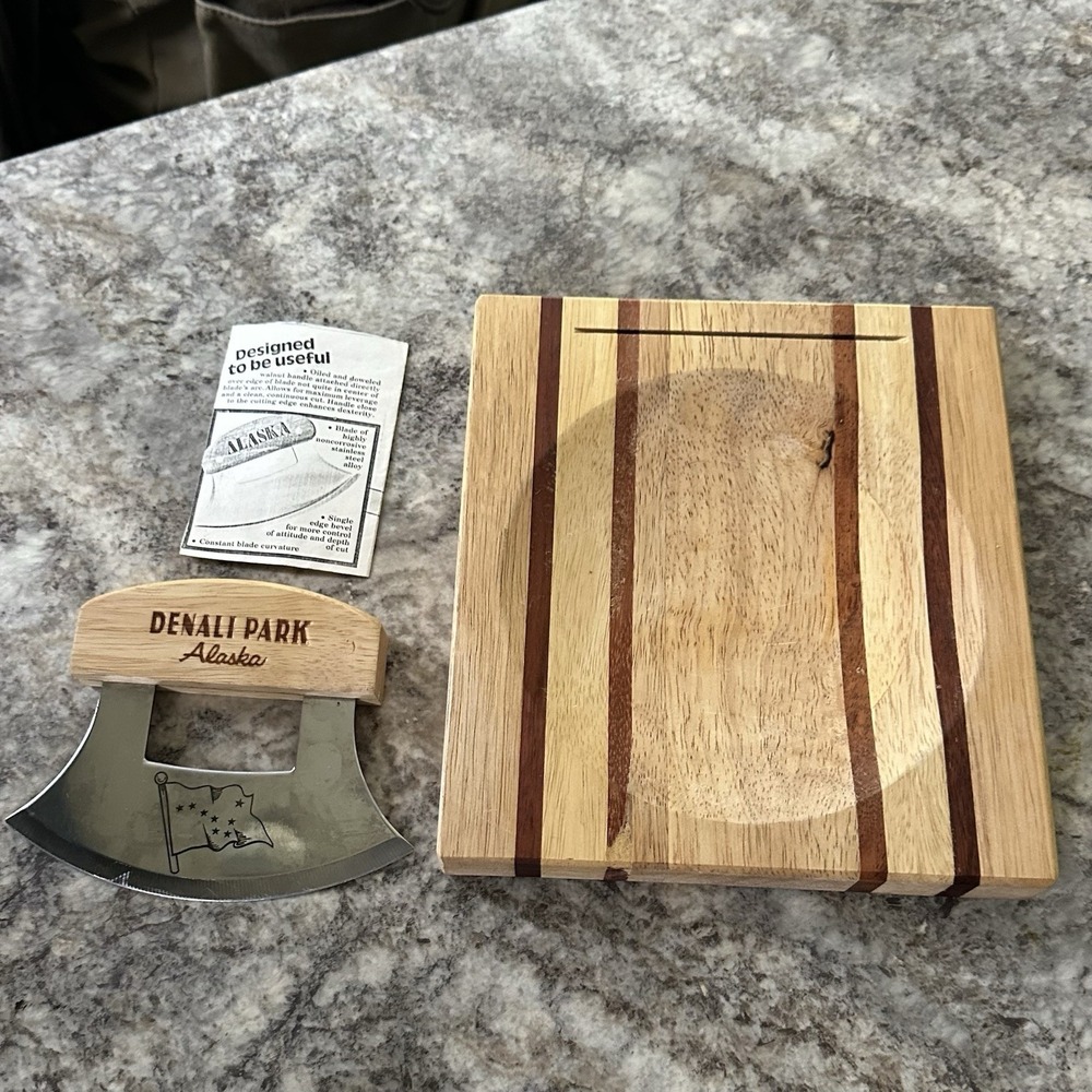 Denali National Park Wood Cutting Board Set Mezzaluna Ulu Bowl & Half Moon Knife
